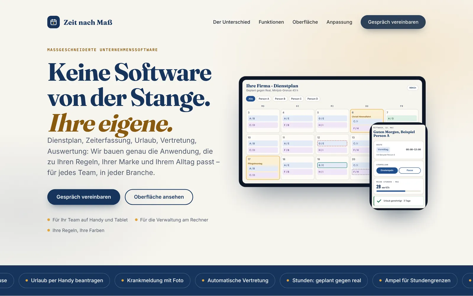 Startseite der Produktseite Dienstplan nach Maß
